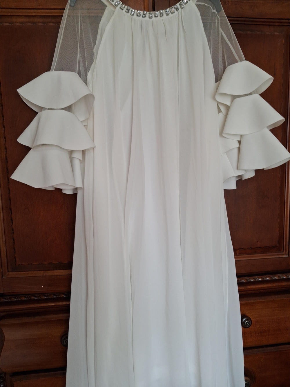 White Ruffle-Sleeve Women’s Dress with Embellished Neckline